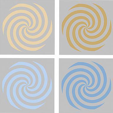 Graphic of 4 boxes--2 stacked on 2. Each box contains same floral swirl image in different color variation.