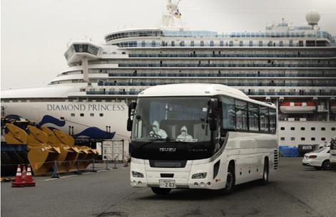 A bus leaves parking lot with cruise ship docked behind.