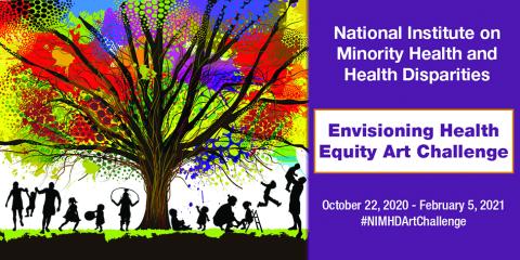 A purple poster shows people dancing, playing under a colorful tree.