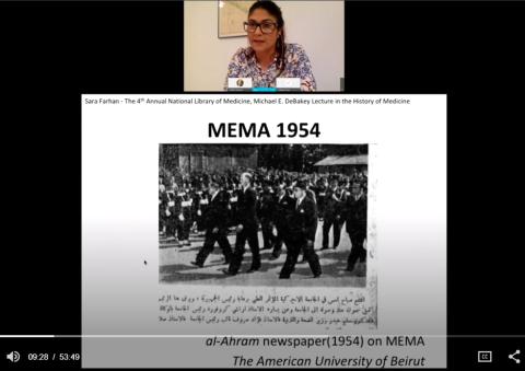 Farhan speaks on videocast, showing a slide of a group of doctors walking at 1954 MEMA