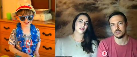 On left, a smiling Hampus in a straw hat and sunglasses, in his room at the Children's Inn. At right, his parents tell their story at Rare Disease Day event.