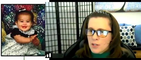 A smiling baby photo of Savannah and a photo of Dixon-Salazar speaking on videocast