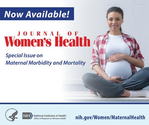 Poster showing a smiling pregnant lady holding her belly, that reads: Now Available, Journal of Women's Health, special issue on maternal morbidity and mortality