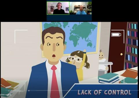 A cartoon, titled "Lack of Control," shows a surprised man in a suit speaking on video as a child runs into the room, interrupting him.