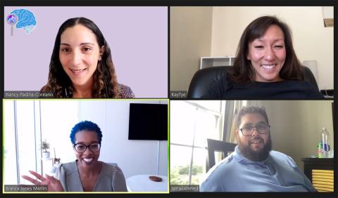 Four speakers smile during a seminar on videocast.