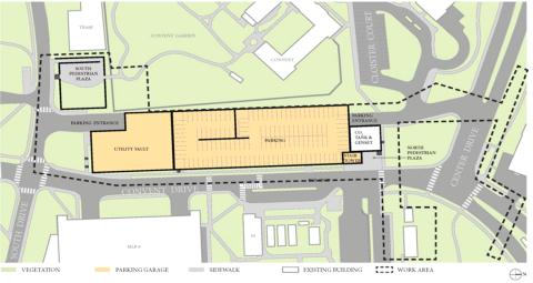 Green and yellow map shows the proposed new garage and walkways off of Convent Drive.