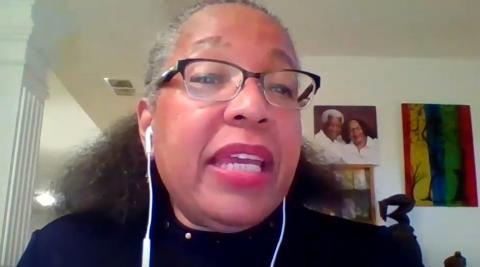 Evans speaks virtually from her home.