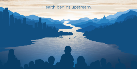 A graphic with shades of blue showing people looking out toward a river reads: Health begins upstream.