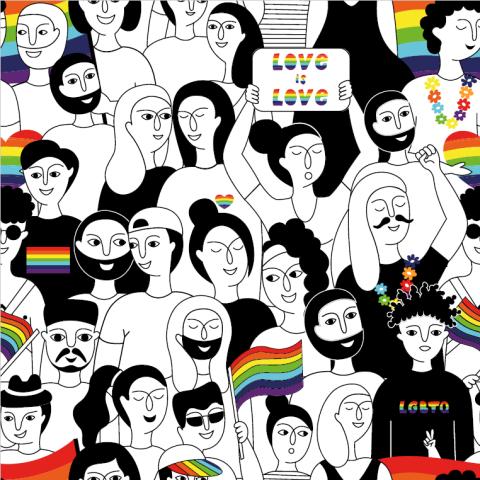 artwork featuring dozens of drawn faces variously styled hair, expressions interspersed with rainbow flags