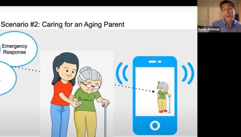 A cartoon shows a woman holding an elderly woman's hand with a phone receiving emergency response inputs.