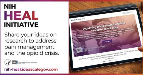 A poster shows a screen with "Supporting science-based solutions to end the opioid crisis" along with Share Your Ideas.