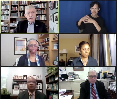 Screenshot of Zoom grid with heads and shoulders of speakers &amp; ALS interpreter