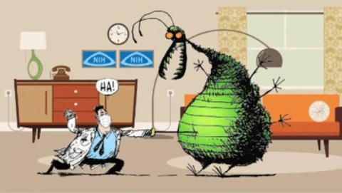 Cartoon scientist in labcoat and face mask pokes menacing flu "bug" in belly