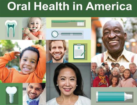 The cover of Oral Health in America shows smiling adults, children along with a toothbrush and toothpaste