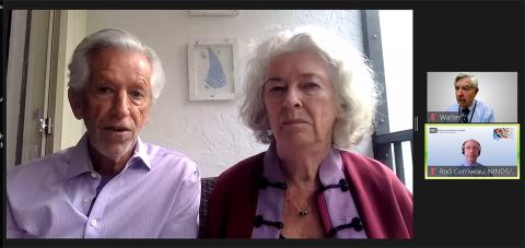 Elder man and woman face camera in a video. Alongside screen views of 2 men describing the video