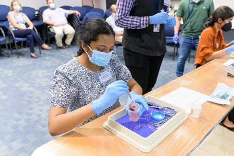 Ambati, masked, gloved and seated at table with science tray and cup in front of her.