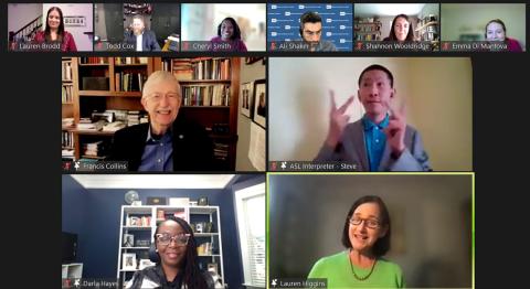 A screenshot shows a smiling Dr. Francis Collins in his home office, OD's Darla Harris in her home and OD's Lauren Higgins along with other NIH'ers listening in.