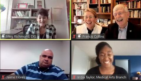 Video screens show 3 NIH'ers talking with Dr. Collins and Diane Baker