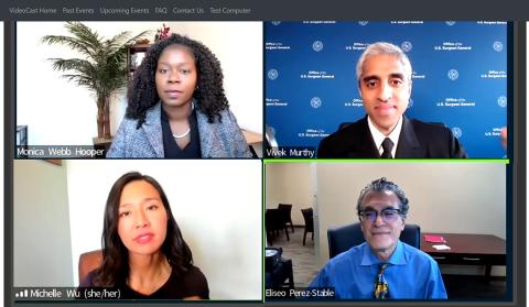 A screenshot of the virtual presentation featuring Webb Hooper, Murthy, Wu and Perez-Stable