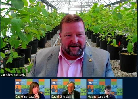 Screenshot of McCurdy sitting in greenhouse with kratom growing behind him, with 3 NIH'ers set to moderate, participate in Q&amp;A