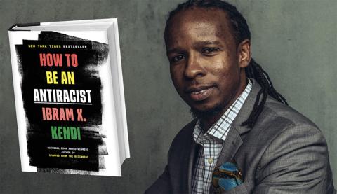 Portrait of Kendi next to the cover of his book, How to Be an Antiracist