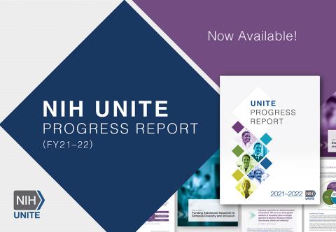 A graphic of blue and purple that reads: NIH UNITE Progress Report, FY 21-22