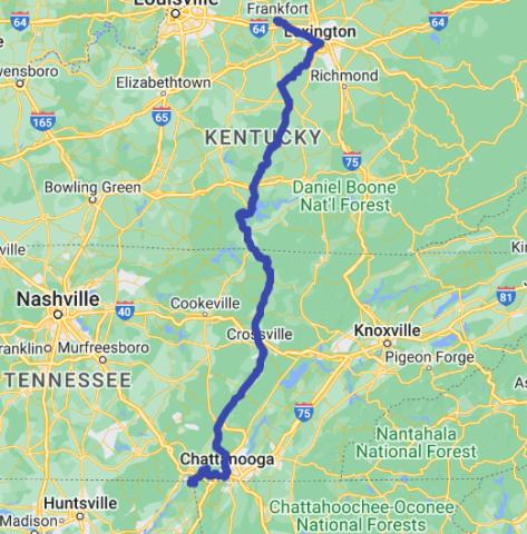 A map shows a blue line tracing the course for runners of Heart of the South--which in 2022 went from Kentucky down through the Tennessee mountains