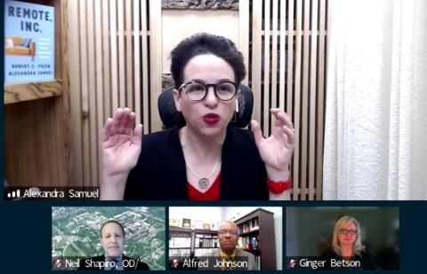 Screen shot of Samuel talking, hands cupped, with her book 'Remote Inc.' behind her; and Johnson, Shapiro and Betson looking on.