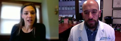 Screenshot of Fournier speaking from home and Diamond, in white lab coat, speaking from his office