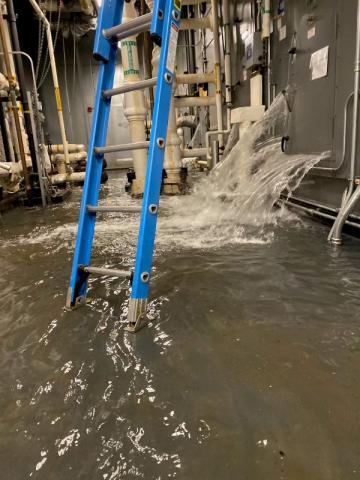 Water gushes from wall and door, with ladder in foreground