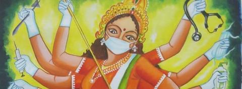 A colorful image of a goddess with 8 arms holding syringe, stethoscope and other medical equipment