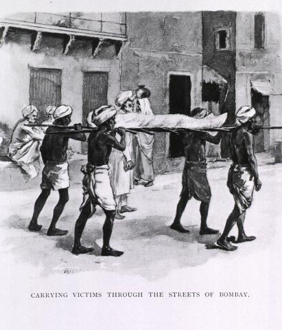Black &amp; white image of pall bearers carrying a plague victim on a strettcher