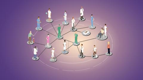 An infographic featuring health professionals that are connected by lines