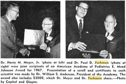 Scan of a news article with black-and-white photos of Parkman accepting an award.