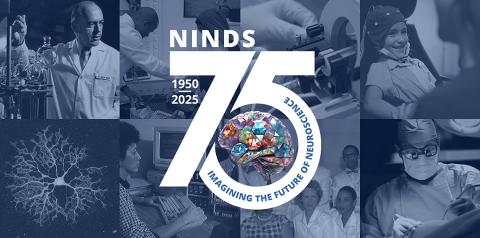 Collage of scientific images with a stylized NINDS and 75 superimposed in the middle
