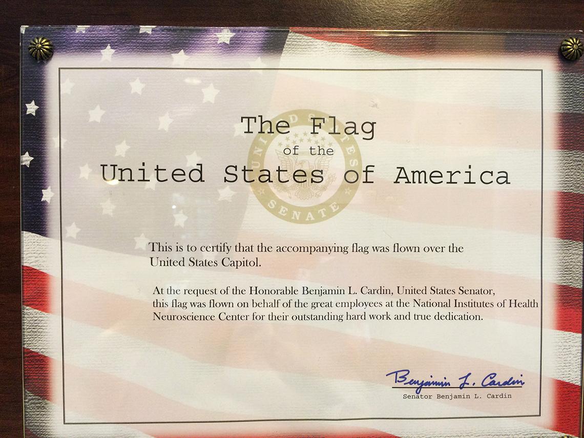 A certificate stating that the new flag had previously flown over the U.S. Capitol dome.