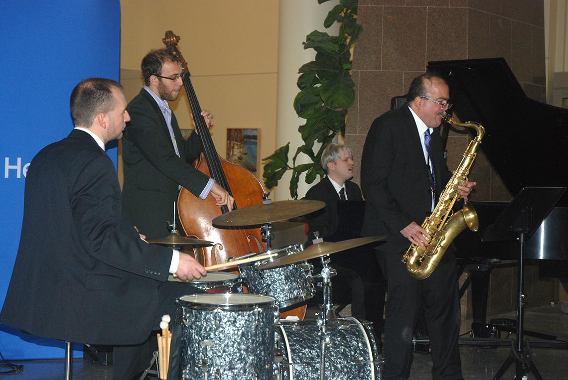 Jazz combo plays in the hospital atrium.