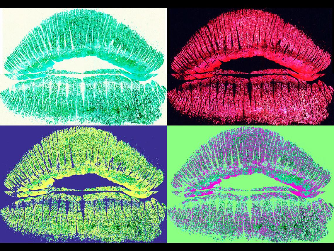 Four prints of lips in four different colors and backgrounds