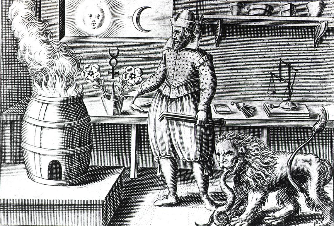 Illustration of man wearing knickers tending a fire in a barrel
