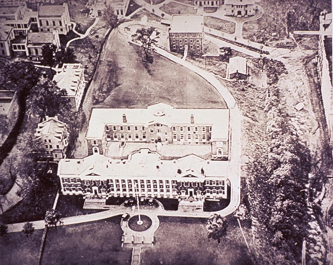 An aerial view of buildings that originally housed NIH