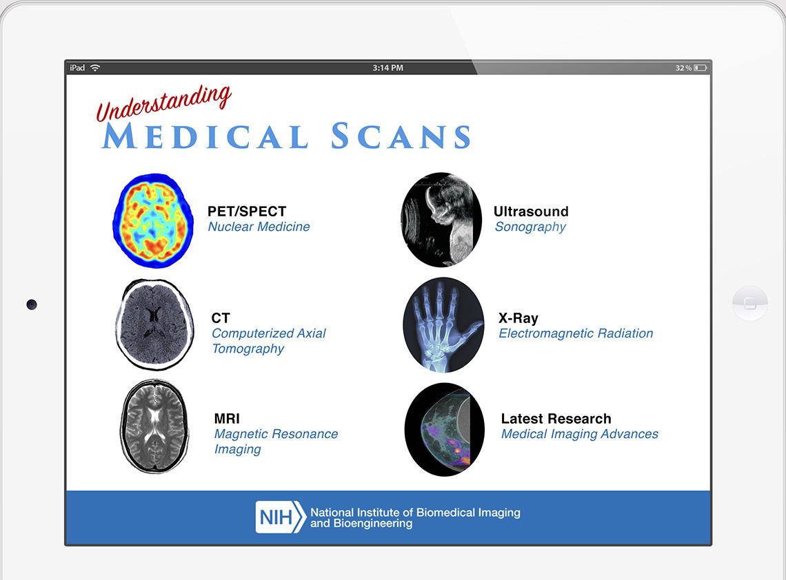An image of NIBIB app showing pictures that link to more info about MRI, ultrasound and other medical scans