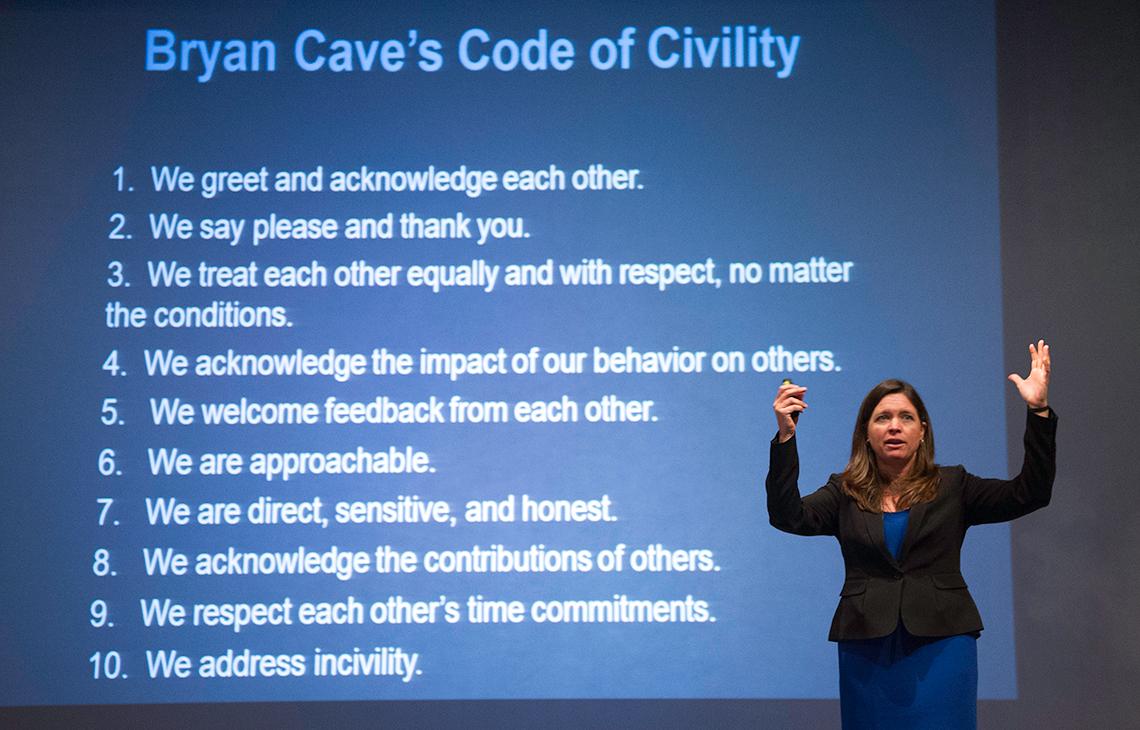 Dr. Christine Porath talks about Bryan Cave's Code of Civility.