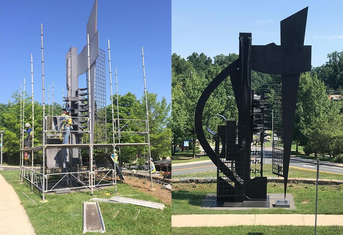 The “Sky Horizon” sculpture, before and after repairs.
