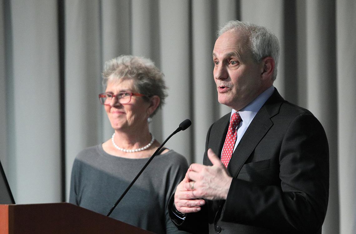 Atkins and Lipska at the podium