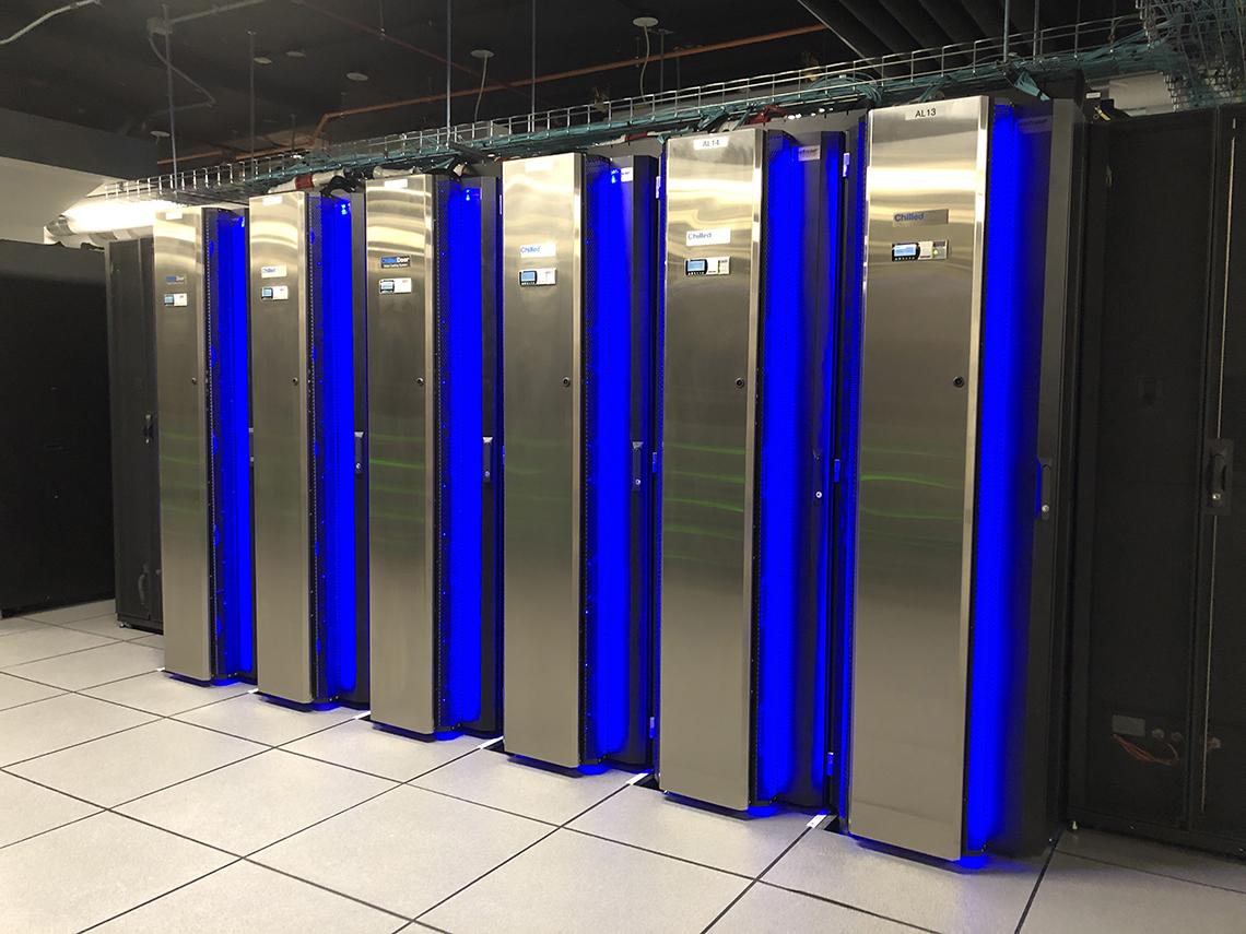 The Biowulf supercomputer with its cooling system in a server room