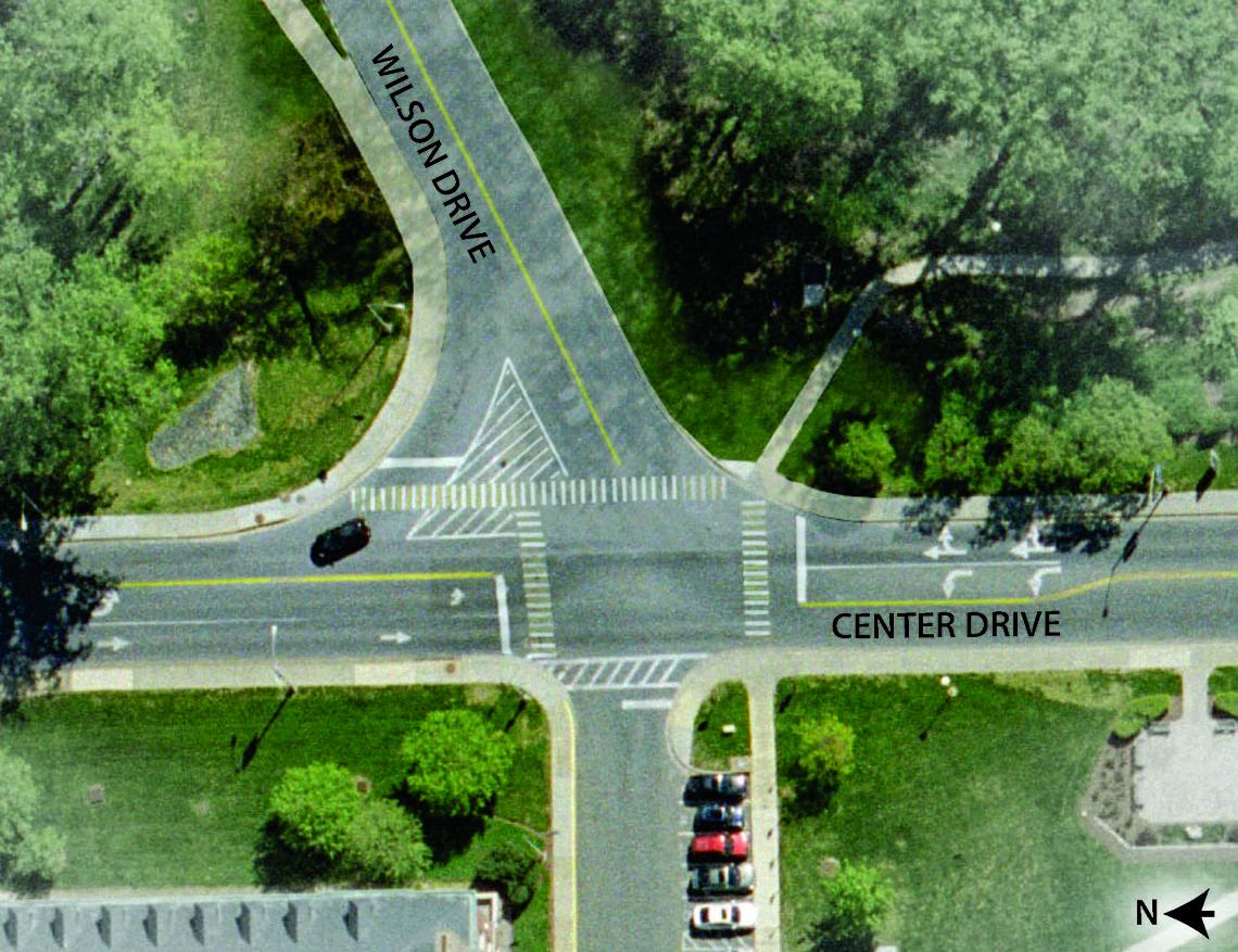 An aerial view of the current walkway at Wilson and Center Drives