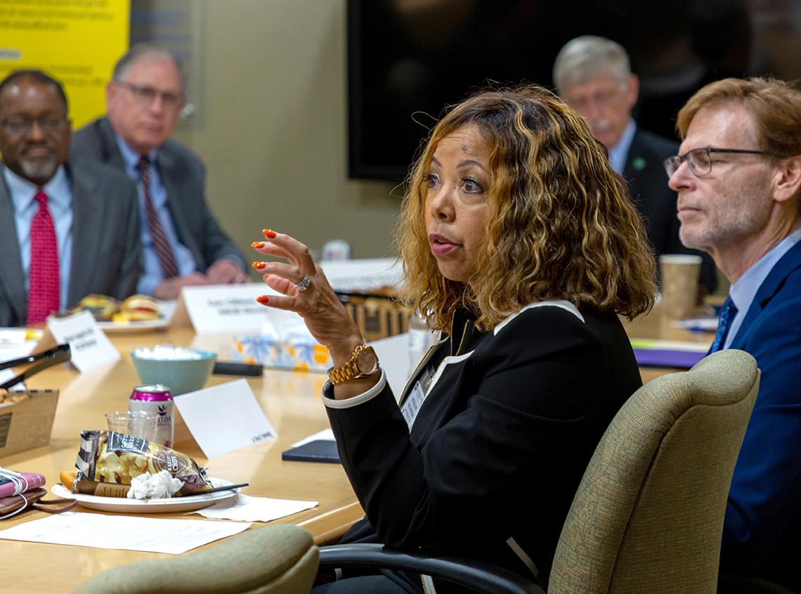 Rep. Lucy McBath (GA) speaks to NIH leadership seated around a conference table,