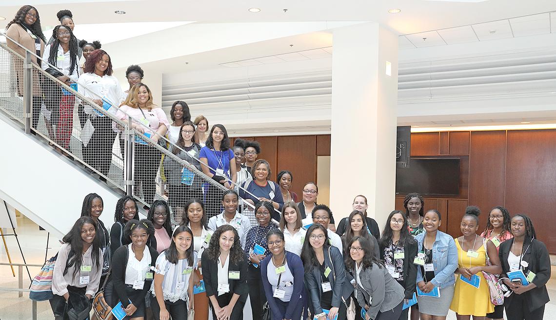 Large group of girls standing on stairs