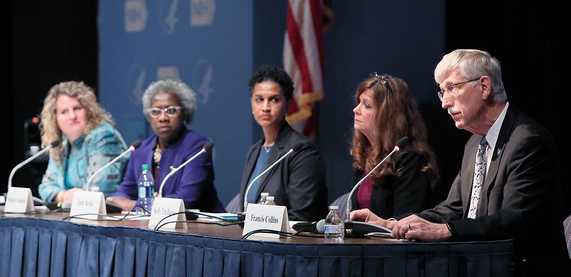 NIH director Dr. Francis Collins speaks as other panelists listen.