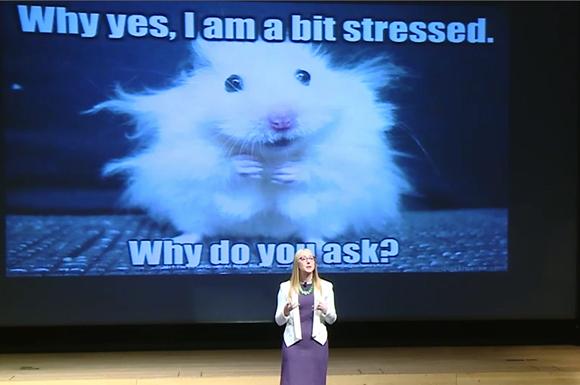 Dr. Eurich stands on stage beside slide that reads: Why yes, I am a bit stressed. Why do you ask?
